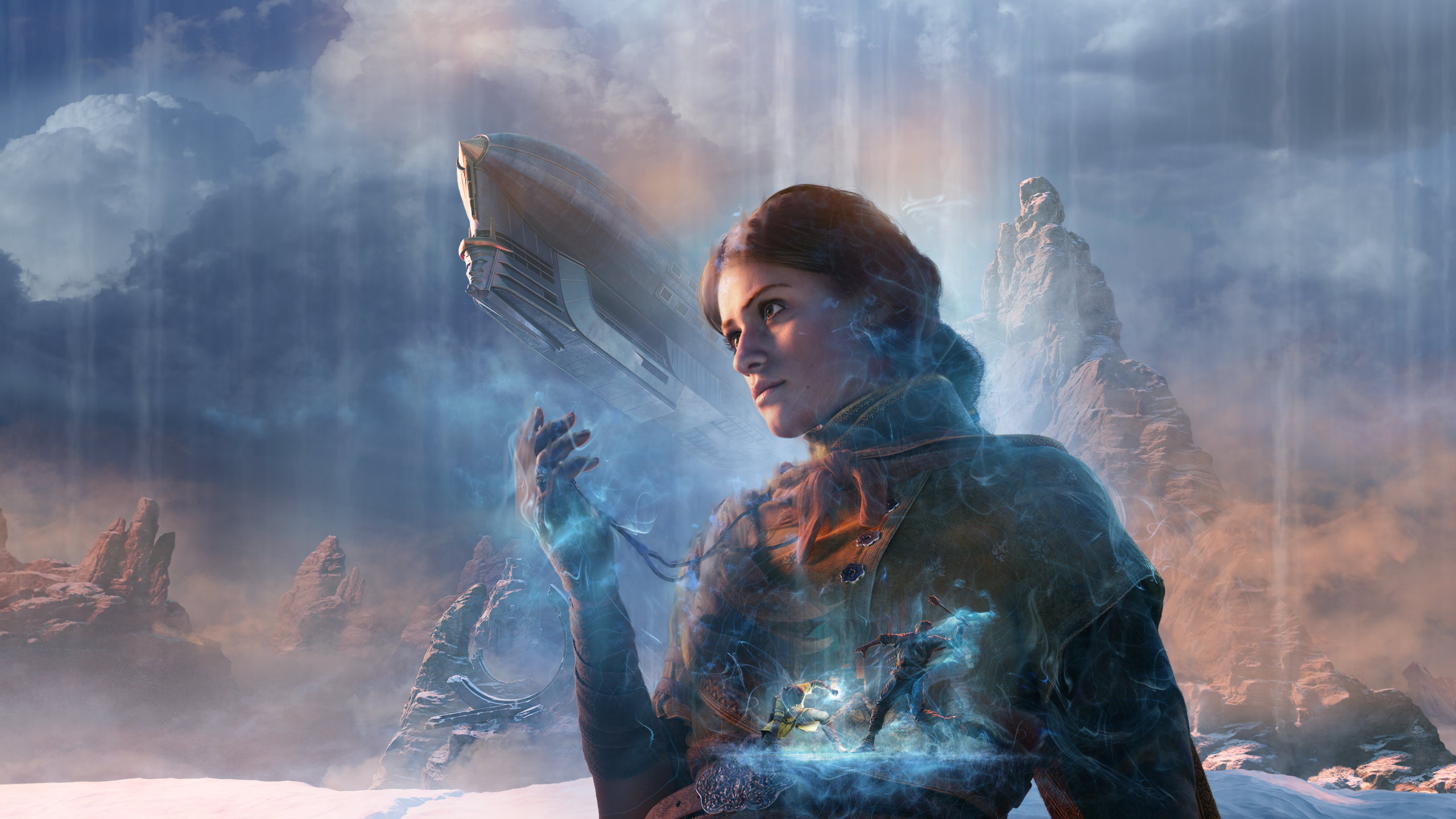 Haroona, l’héroïne du jeu vidéo Unknown 9: Awakening, sur un fond montagneux.