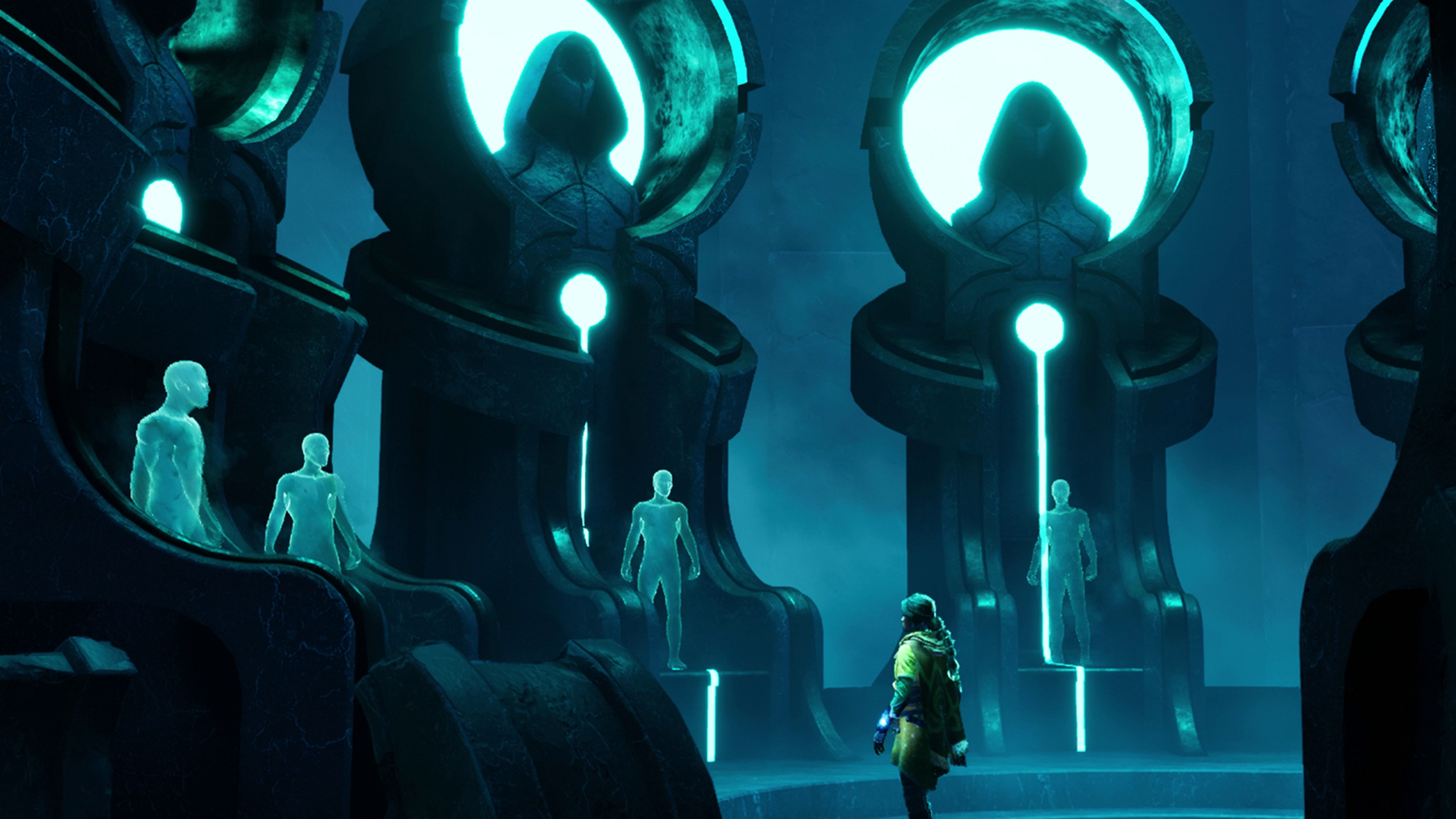 Unknown 9: Awakening’s Haroona in a dark cave surrounded by illuminated figures.